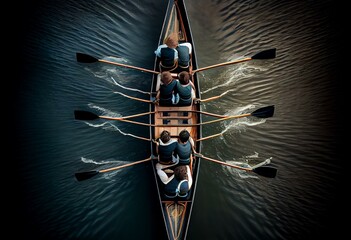 rowing boat on the Seine river with a team of 4 aboard view from above. Generative AI - obrazy, fototapety, plakaty