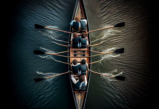rowing boat on the Seine river with a team of 4 aboard view from above. Generative AI
