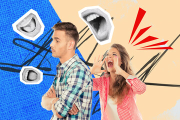 Photo collage artwork minimal picture of angry aggressive lady screaming upset unhappy guy isolated drawing background