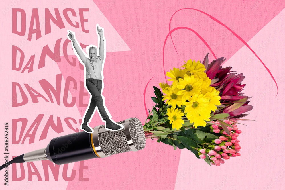 Poster Creative collage portrait of mini crazy black white gamma grandfather stand huge microphone fresh flowers bouquet isolated on pink background