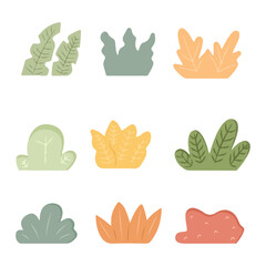 Set of Cute Grass. Hand drawn cartoon plants. Stylized cute bushes. Vector illustration. Isolated natural elements on a white background