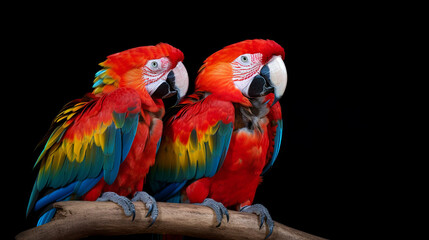 Fototapeta na wymiar Isolated Scarlet Macaw A Colorful Two Parrots On Black Background, Generative Ai