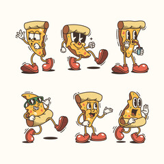 Set of Trendy Pizza and Cartoon Characters, Vintage character vector art collection