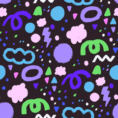 Seamless vector pattern with cute hand drawn shapes on dark background. Perfect for wallpaper, textile or print design.

