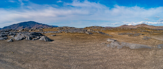 Panoramic over Icelandic Moon Lunar landscape near colorful volcanic caldera Askja, in the middle...