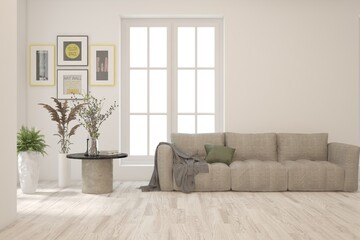 White modern interior design with sofa. Scandinavian interior design. 3D illustration