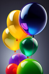 Different color balloons hanging illumated with light from bottom