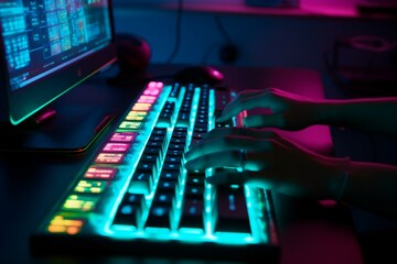 hands typing on the keyboard, neon cyber style Generative AI