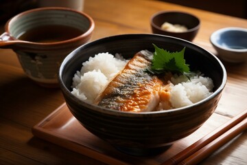 Japanese breakfast, bowl of steamed rice and grilled fish Generative AI