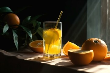 fresh orange juice, rays of sun on the glass, minimalistic style, Generative AI