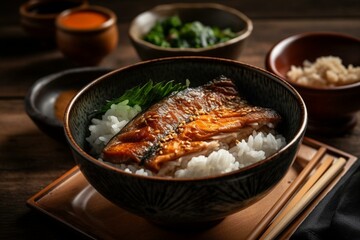 Fototapeta premium Japanese breakfast, bowl of steamed rice and grilled fish Generative AI
