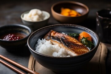 Japanese breakfast, bowl of steamed rice and grilled fish Generative AI