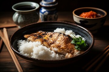 Japanese breakfast, bowl of steamed rice and grilled fish Generative AI