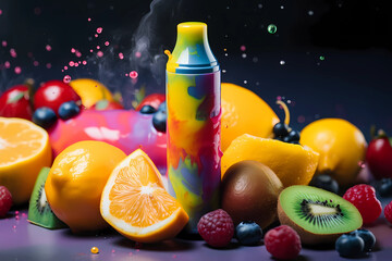 Fototapeta na wymiar Vape Background. Colorful vaporizer. Vaping concept Design. Multicolor Smoke. Fruit Taste. Smoke. Created by Generative AI