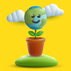 Cartoon cute earth planet character with clouds and plant pot in 3d realistic minimal style. Bright funny vector illustration. Vivid design composition for cover, toy, card, poster.