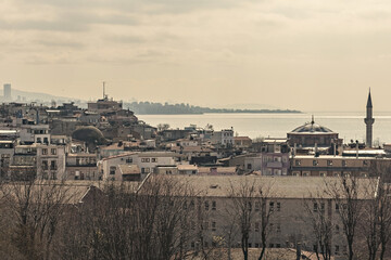 Obraz premium Fatih area of Istanbul, view from the rooftop, old houses and Bosphorus view in Fatih, Istanbul