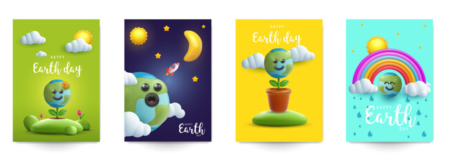 Earth day vector illustration in cartoon 3d style. Set realistic funny concept design for cover, poster, card, flyer. Bright minimal child composition art.