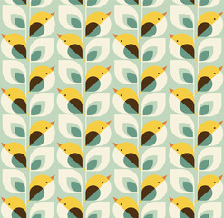 Seamless Pattern with geometric birds and leaves.