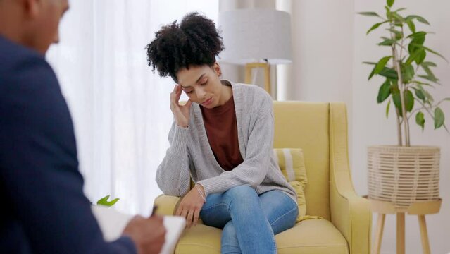 Woman, counseling and psychologist for depression, mental health support and healing therapy. Female patient, psychology and talking to doctor for help of anxiety, trauma and advice of stress problem