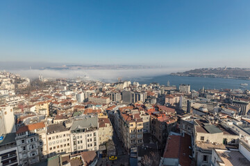 Aerial view of Istanbul from Galata tower, Istanbul panorama from the top with fog over Bosphorus, Istanbul, Turkey