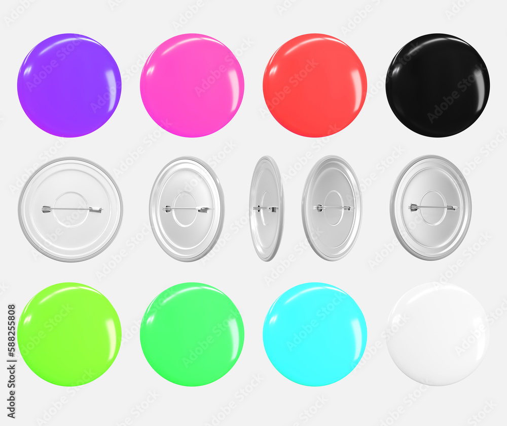 Poster pin button 3d render icons set. colorful blank badges isolated on white background. rotation animati