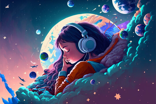 Lofi style. Beautiful girl with headphones, dreaming, listening music, universe, freedom. Bright colors. Lofi music. Cartoon. Anime. Manga. Generative AI