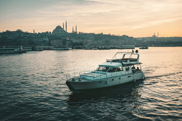 Sunset view of Istanbul Sultanahmet area from the Galata Bridge, Turkey