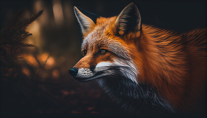 Red Fox - Vulpes vulpes, close-up portrait with bokeh of pine trees in the background. Making eye contact.