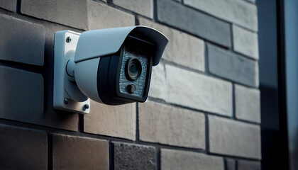 Modern public CCTV camera on wall with blur building background. Recording cameras for monitoring all day and night.