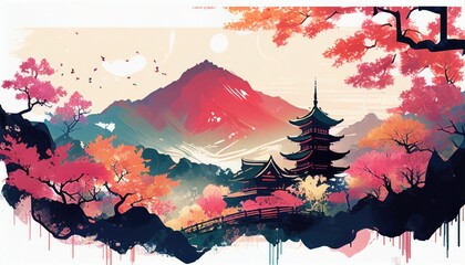 Obraz na płótnie Canvas - Kyoto from japan illustration Abstract colorful Background Landscape of mountains, Sakura trees, illustration, gradient colors, dreamy background, Japanese building's silhouette foreground