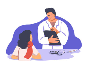 Doctor consulting woman with cold in clinic. Medicine health care  concept. Therapist talks with patient person in scarf. Cartoon vector
