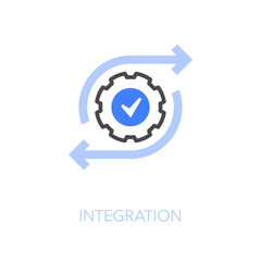 Simple visualised integration icon symbol with a cogwheel and two process arrows.