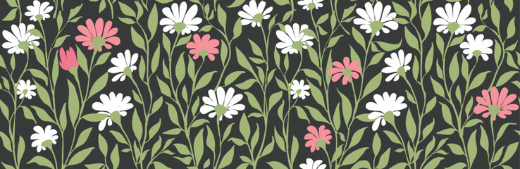 Seamless pattern with wildflowers. Vector illustration, background for packaging, textiles, printing products with hand drawn chamomiles.	