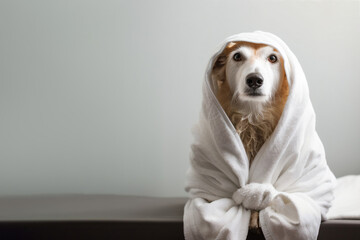 Dog is relaxing after bath. Pets spa, grooming salon, pet resort. Animal care service, bathing. Rest, relax, wellness. Copy space for text, advertising. Generative AI.
