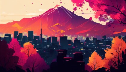 - Tokyo from japan illustration Abstract colorful Background Landscape of mountains, Sakura trees, illustration, gradient colors, dreamy background,
 Japanese building's silhouette foreground