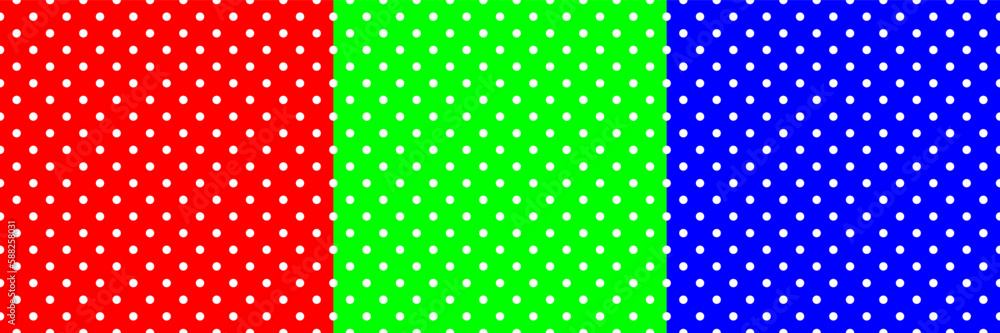 Poster white circle polka dot on red,green and blue design for pattern and background.