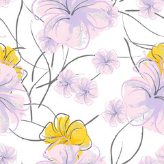 Pink Flowers Blooming Pattern. Pastel Watercolor.