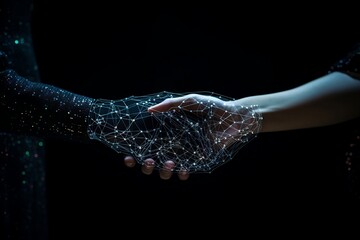 Shaking hands, human and AI hand, merging eras. AI generative