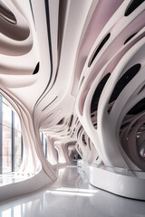 Futuristic interior design with flowing lines, minimalism, white, Generative AI