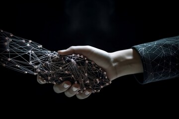 Shaking hands, human and AI hand, merging eras. AI generative