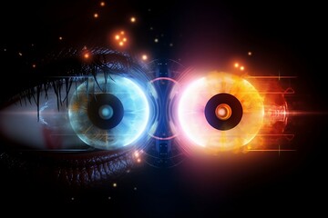 The human eye and the robot eye. Evolution of technology, development of AI. AI generative imaging