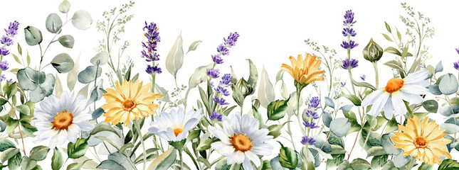 Watercolor wildflowers seamless border. repeating pattern. Daisy, calendula, lavender, eucalyptus branches and leaves garland.  Summer floral frame for greeting cards and invitations - obrazy, fototapety, plakaty