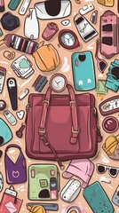 A woman's bag with many items that can be in it. AI generative