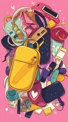 A woman's bag with many items that can be in it. AI generative