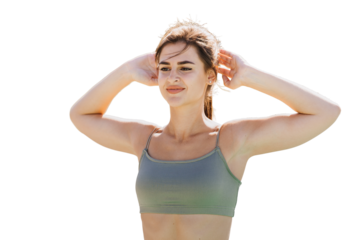 Sporty brunette caucasian girl in sportswear stretching transparent background smiles.  young woman against transparent background. Fit satisfied female makes morning workout on weekend. Fitness