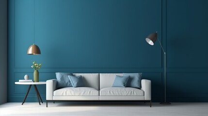 Modern cozy living room and blue wall texture background interior design Generative AI