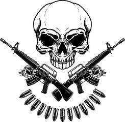 Illustration of the skull with crossed assault rifles. Design element for logo, label, sign, emblem. Vector illustration