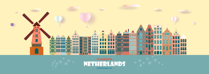 Anniversary and celebration Netherlands day in Amsterdam. Travel landmark europe.