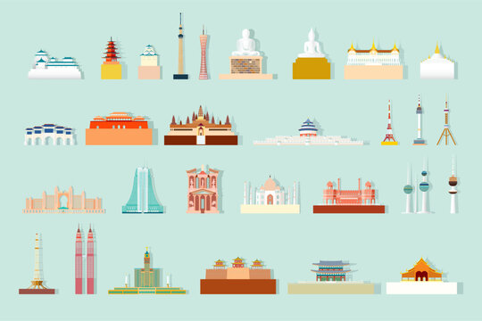 Isolated landmark architecture asia silhouette set with icon.