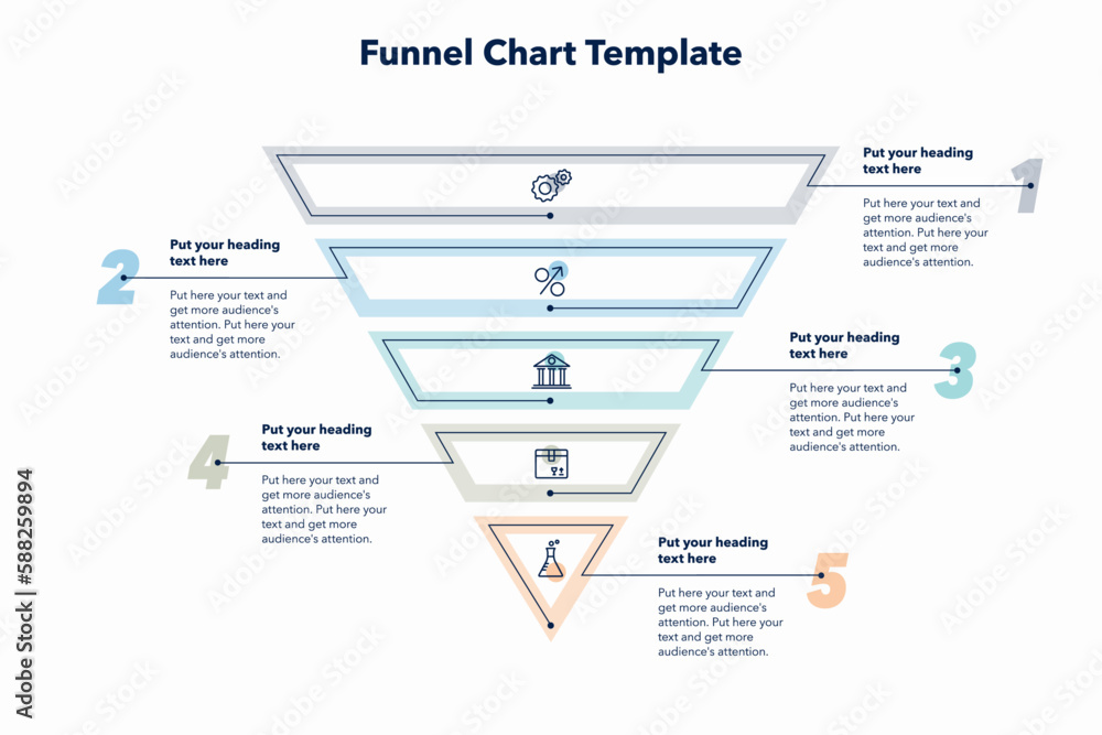 Leinwandbilder Funnel chart template with five colorful sections. Creative diagram divided into five steps with minimalistic icons.